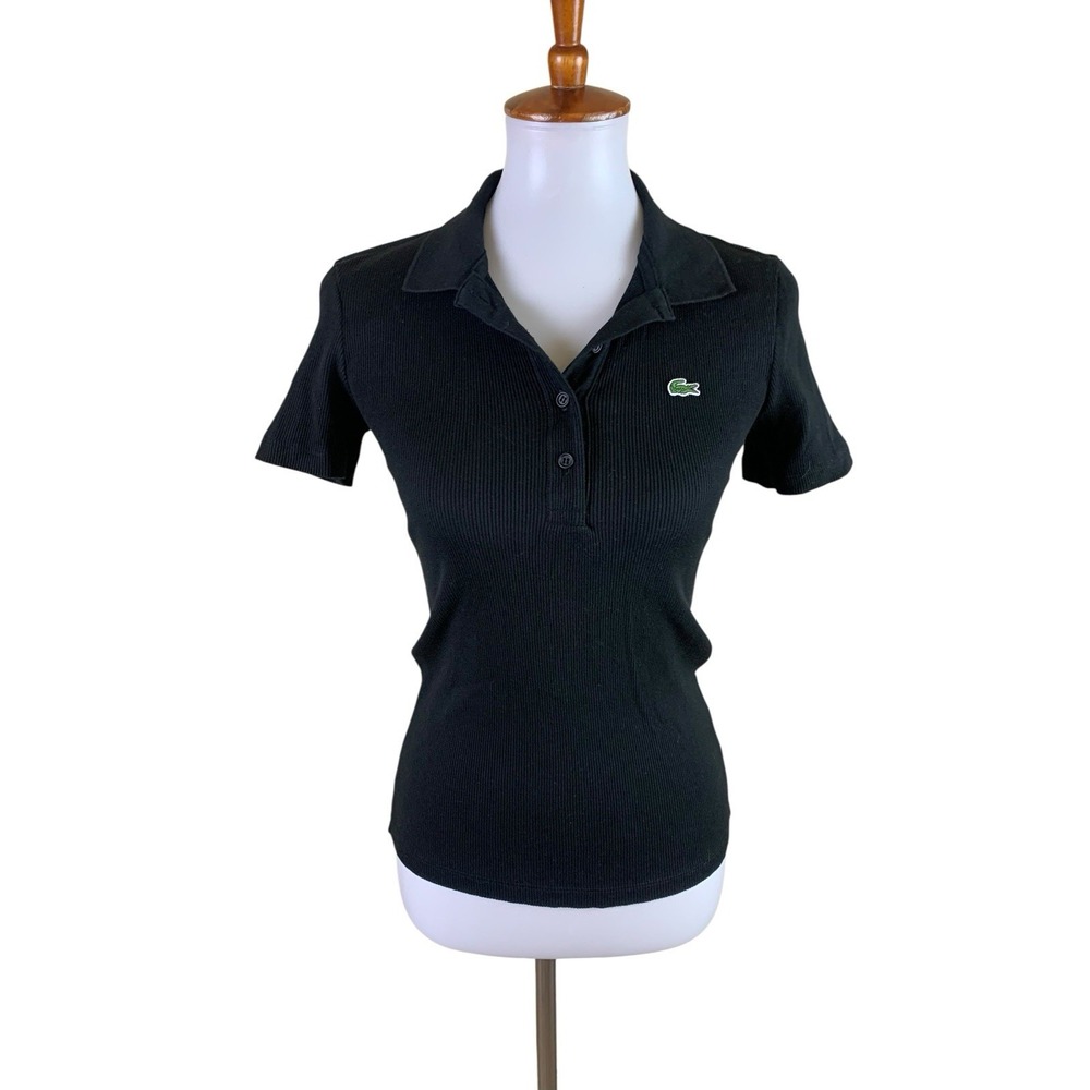 Lacoste Black Ribbed Polo Top Preppy Tennis Y2K Old Money Quiet Luxury 38 M